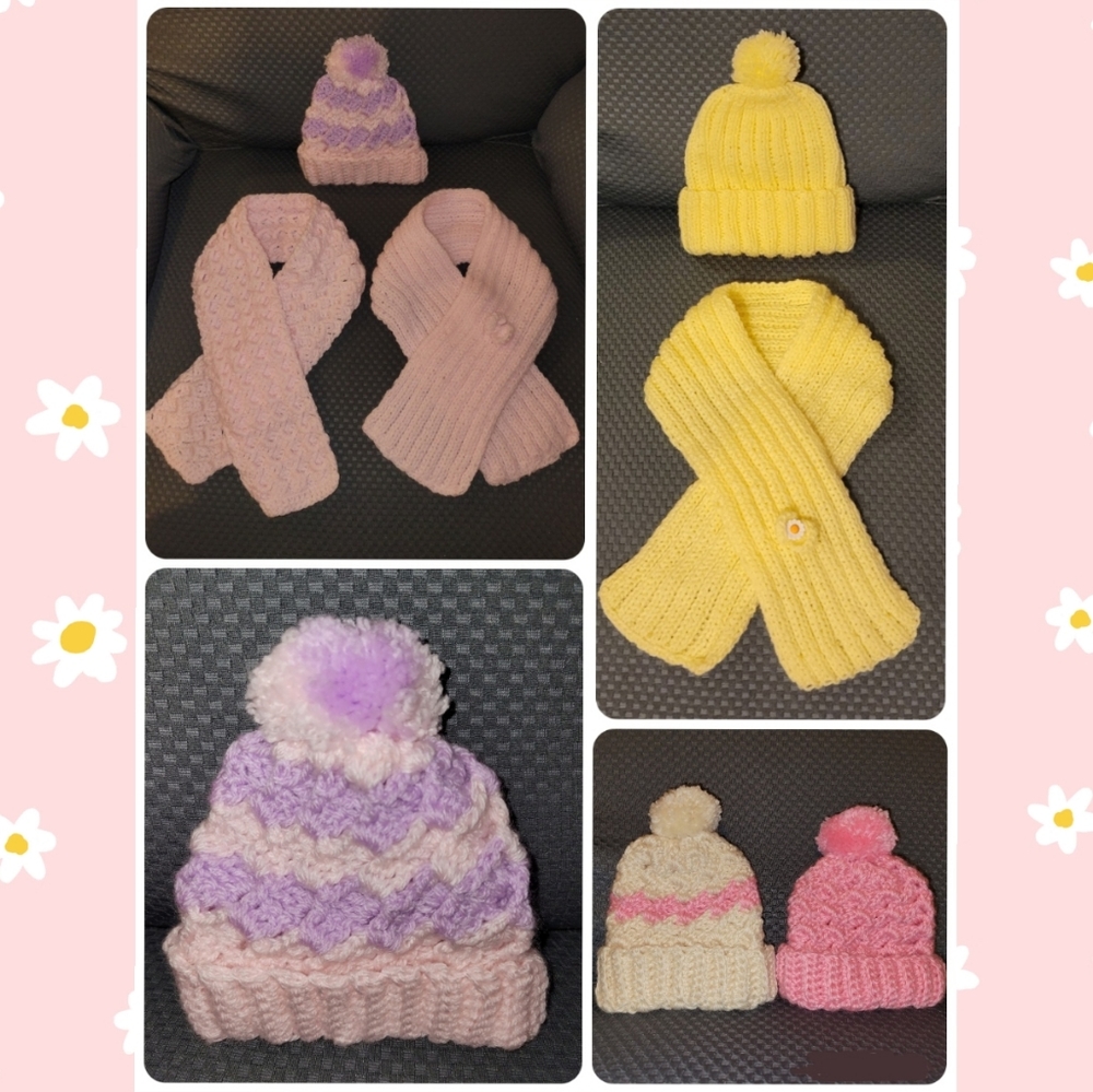 Handmade 4 Winter Hats & 3 Scarf Sets for Baby Girls. |Sz 3-9M|